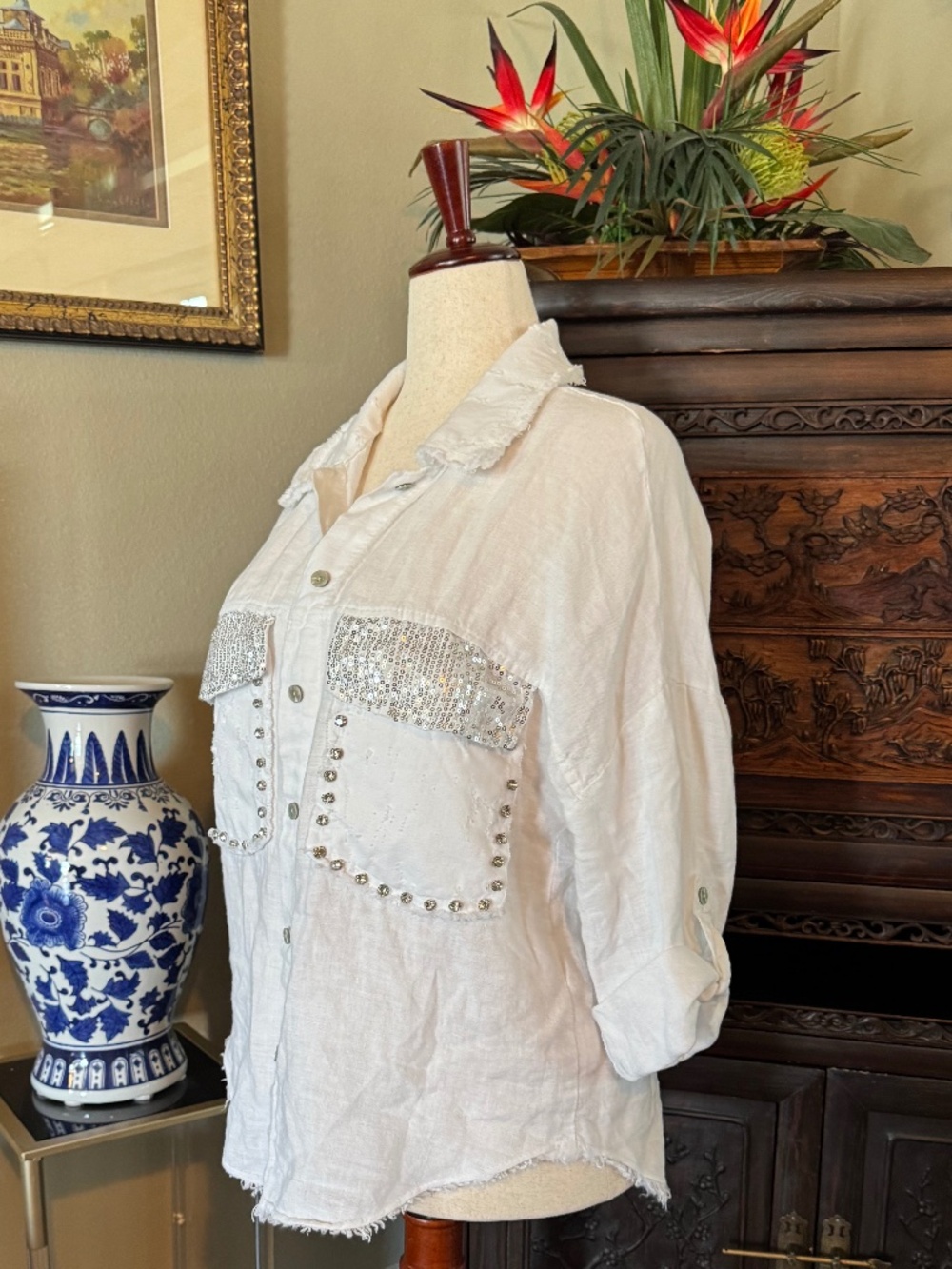 Woman's Size L 100% Linen Shirt /Jacket Sequin & Rhinestone's by Made in Italy